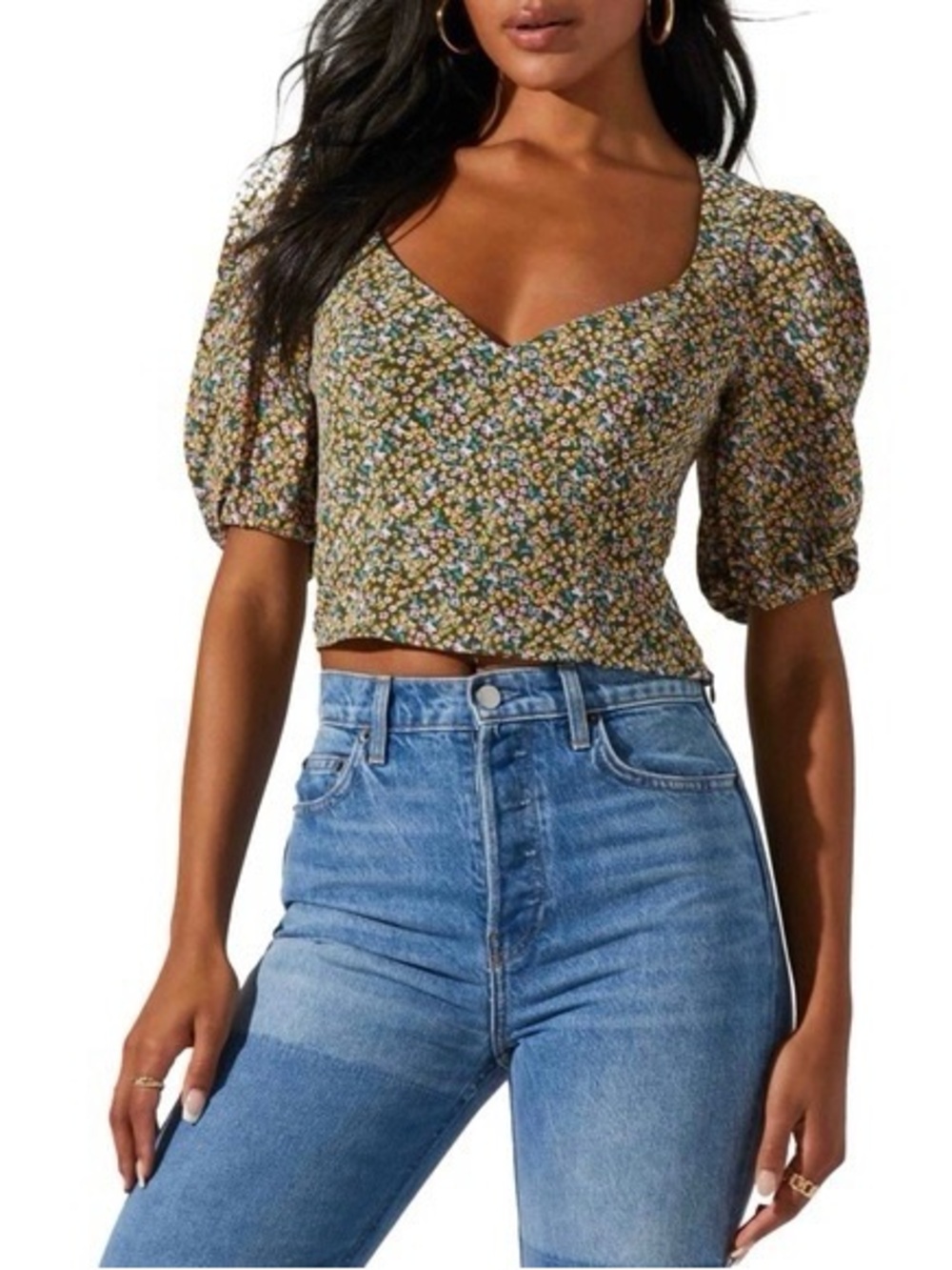 Astr Floral Puff-Sleeve Sweetheart Crop Top - Green Multi